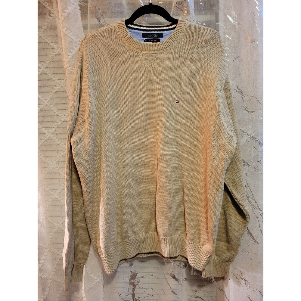 Vtg XL Tommy Hilfiger Beige Crewneck Sweater Cotton Pullover Preppy Crest Street